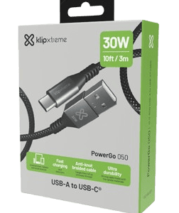 CABLE KLIP XTREME USB-A MACHO a USB-C MACHO 10 PIES (3.05m) CARGA RAPIDA 30W 480 MBPS