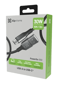 CABLE KLIP XTREME USB-A MACHO a USB-C MACHO 10 PIES (3.05m) CARGA RAPIDA 30W 480 MBPS