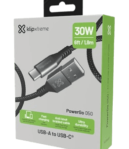 CABLE KLIP XTREME USB-A MACHO a USB-C MACHO 6 PIES (1.8m) CARGA RAPIDA 30W 480 MBPS