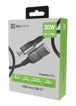 CABLE KLIP XTREME USB-A MACHO a USB-C MACHO 6 PIES (1.8m) CARGA RAPIDA 30W 480 MBPS