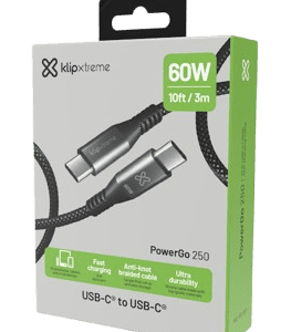 CABLE KLIP XTREME USB-C MACHO a USB-C MACHO 10 PIES (3.05m) CARGA RAPIDA 60W 480 MBPS
