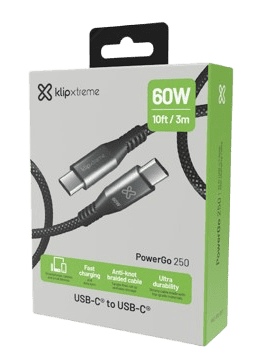 CABLE KLIP XTREME USB-C MACHO a USB-C MACHO 10 PIES (3.05m) CARGA RAPIDA 60W 480 MBPS