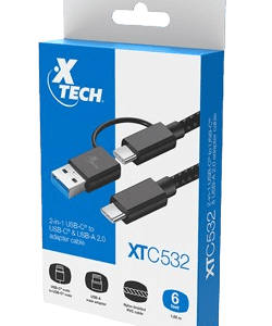 CABLE XTECH USB-C MACHO A USB-C MACHO CON DONGLE USB-A 2.0 – 1.8 METROS