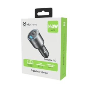 CARGADOR DE CARRO KLIP XTREME 140W CARGA RAPIDA HASTA LAPTOP 2 USB-C Y 1 USB-A